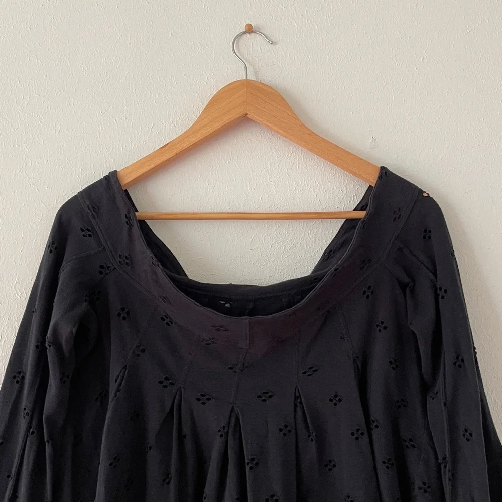 Free People Eyelet Blouse Flare Sleeve Washed Boho Black Medium